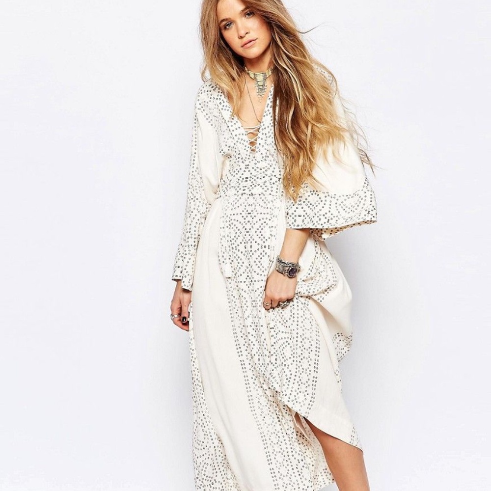 Free People Cream Midi Dress with Metallic Dot Embellishment